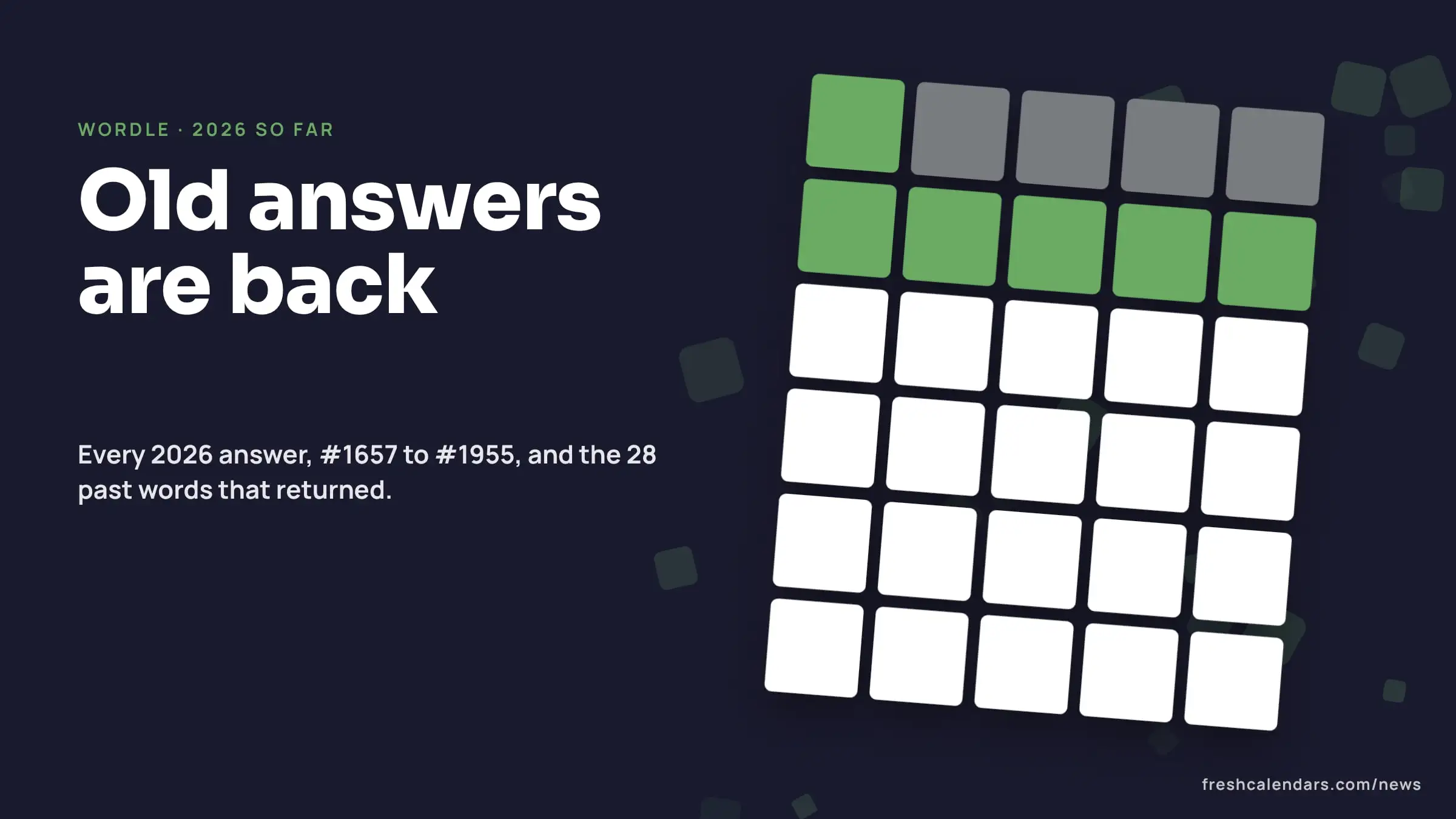 Wordle answers 2026: a five-by-six word grid with green and yellow tiles and no letters shown