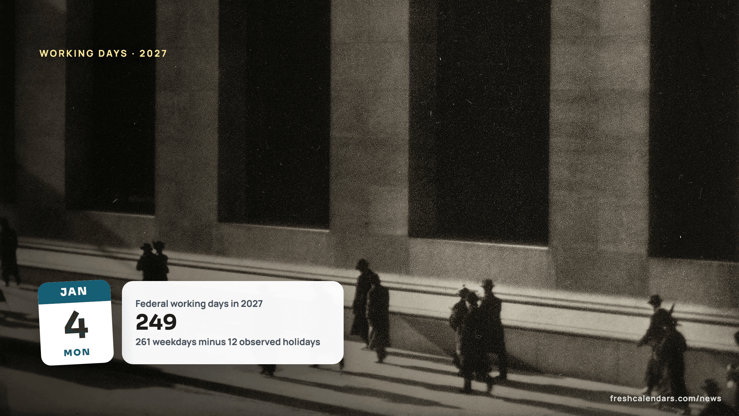 Working days in 2027: people walk past a building's dark windows on Wall Street in Paul Strand's 1915 photograph