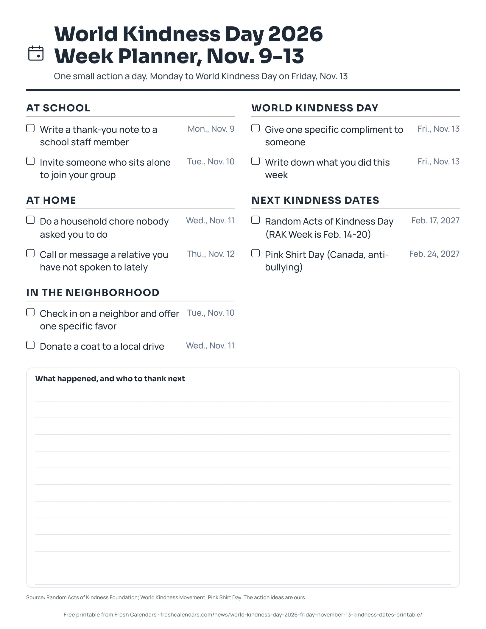 Printable World Kindness Day 2026 week planner with tick boxes for kindness actions from Nov. 9 to Nov. 13 and the next kindness dates, ink-saver version