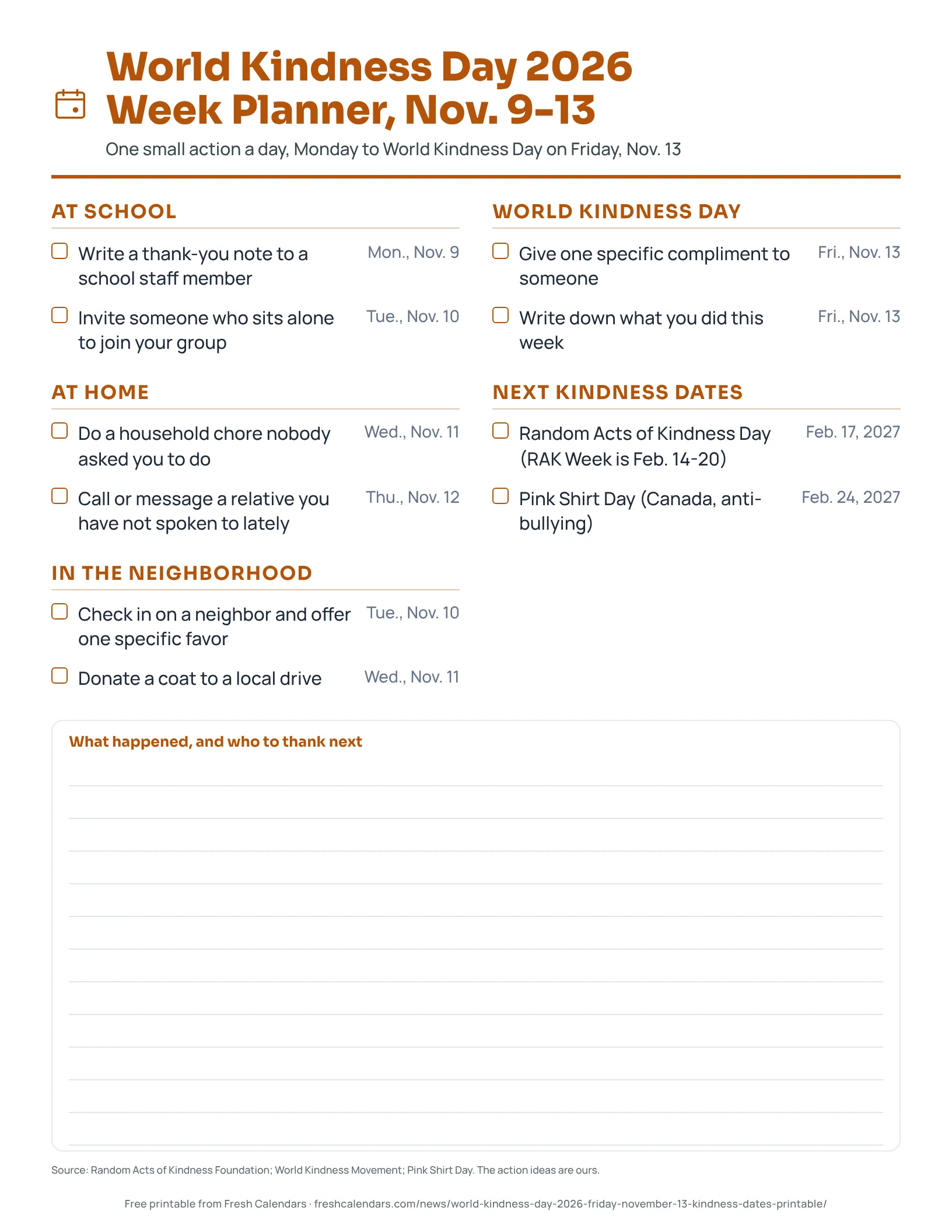 Printable World Kindness Day 2026 week planner with tick boxes for kindness actions from Nov. 9 to Nov. 13 and the next kindness dates