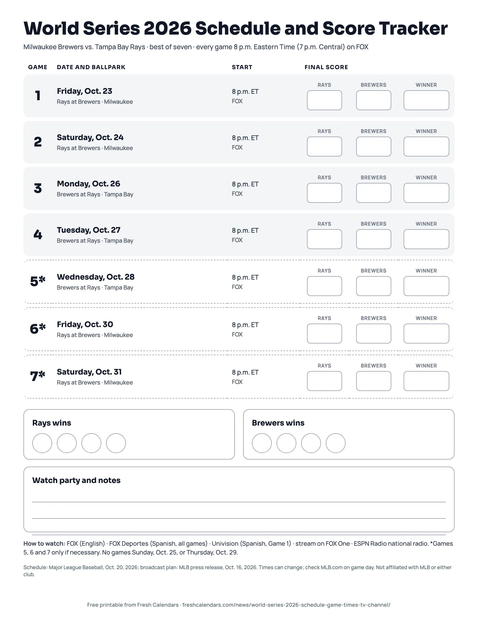 World Series 2026 Schedule and Score Tracker (Ink Saver) World Series 2026 schedule and score tracker printable in black and white ink-saver style