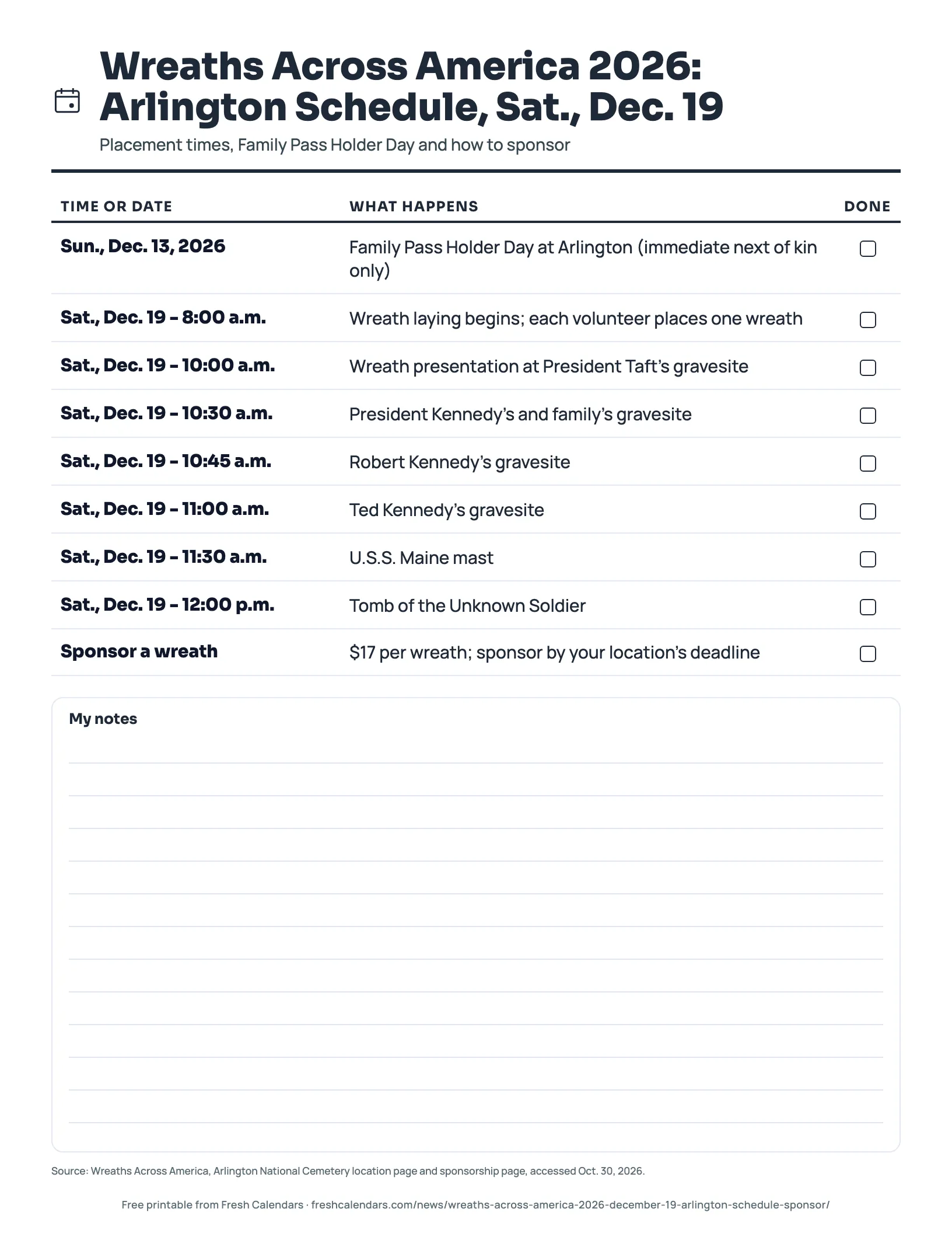 Wreaths Across America 2026: Arlington Schedule, Sat., Dec. 19 (ink saver) Printable Arlington schedule for Wreaths Across America on Saturday, Dec. 19, 2026, with placement times and sponsorship note, ink-saver version