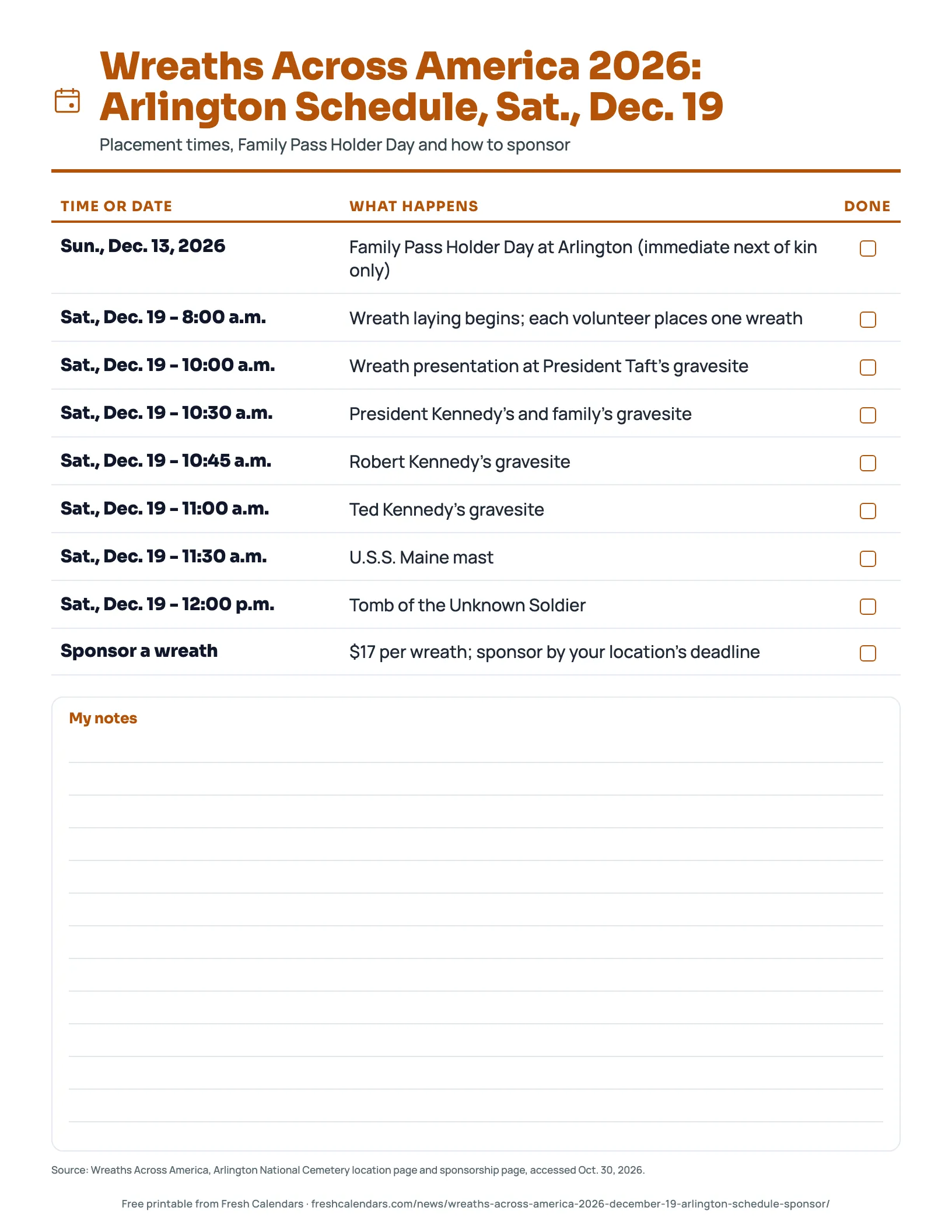 Wreaths Across America 2026: Arlington Schedule, Sat., Dec. 19 Printable Arlington schedule for Wreaths Across America on Saturday, Dec. 19, 2026, with placement times and sponsorship note