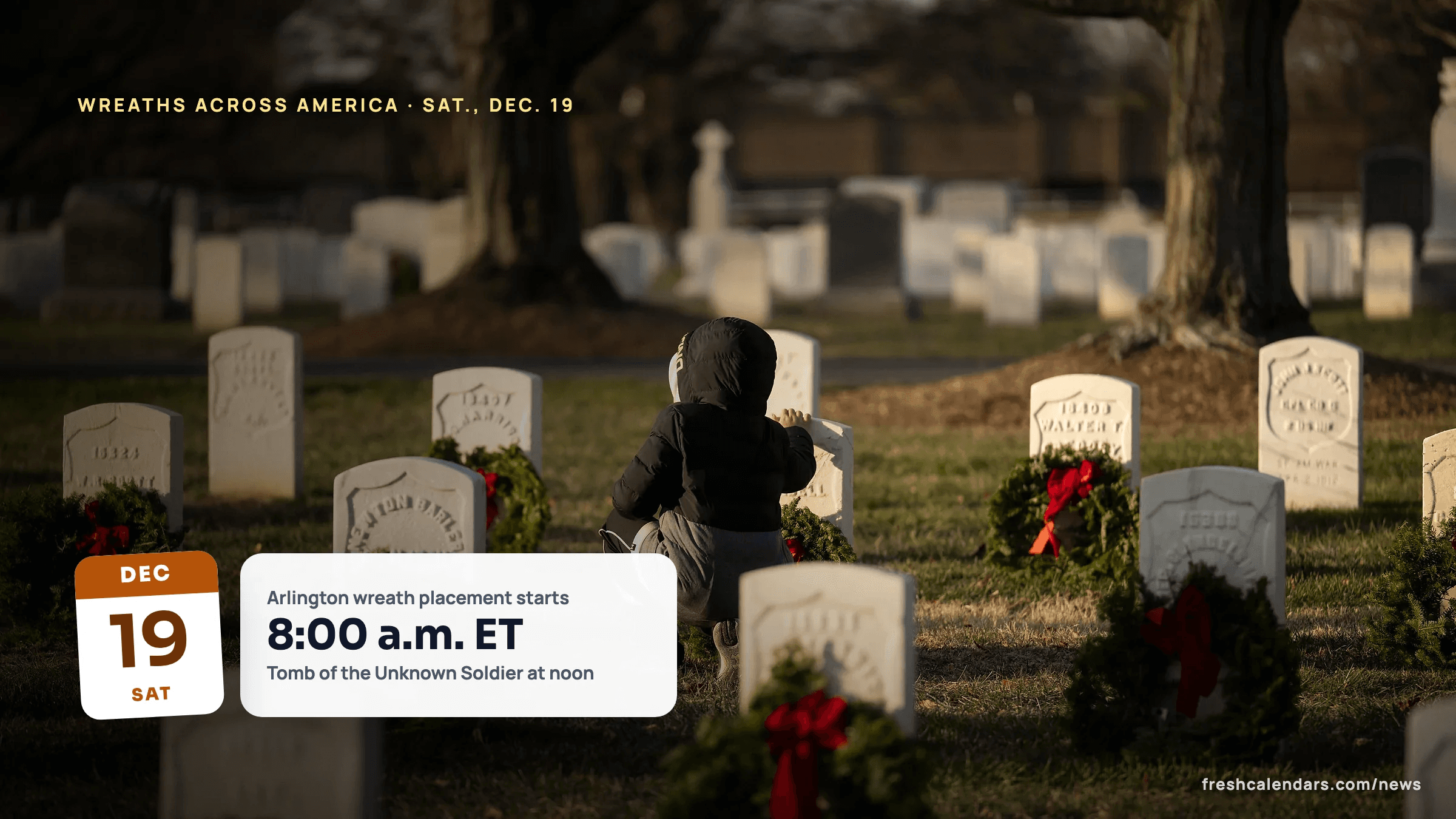 Wreaths Across America 2026 at Arlington: a child seen from behind places a wreath among headstones decorated with wreaths