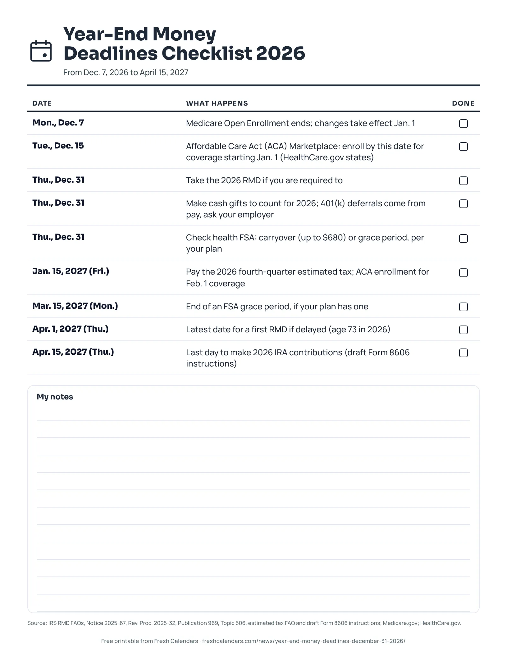 Printable checklist of year-end money deadlines for 2026 with tick boxes, ink-saver version