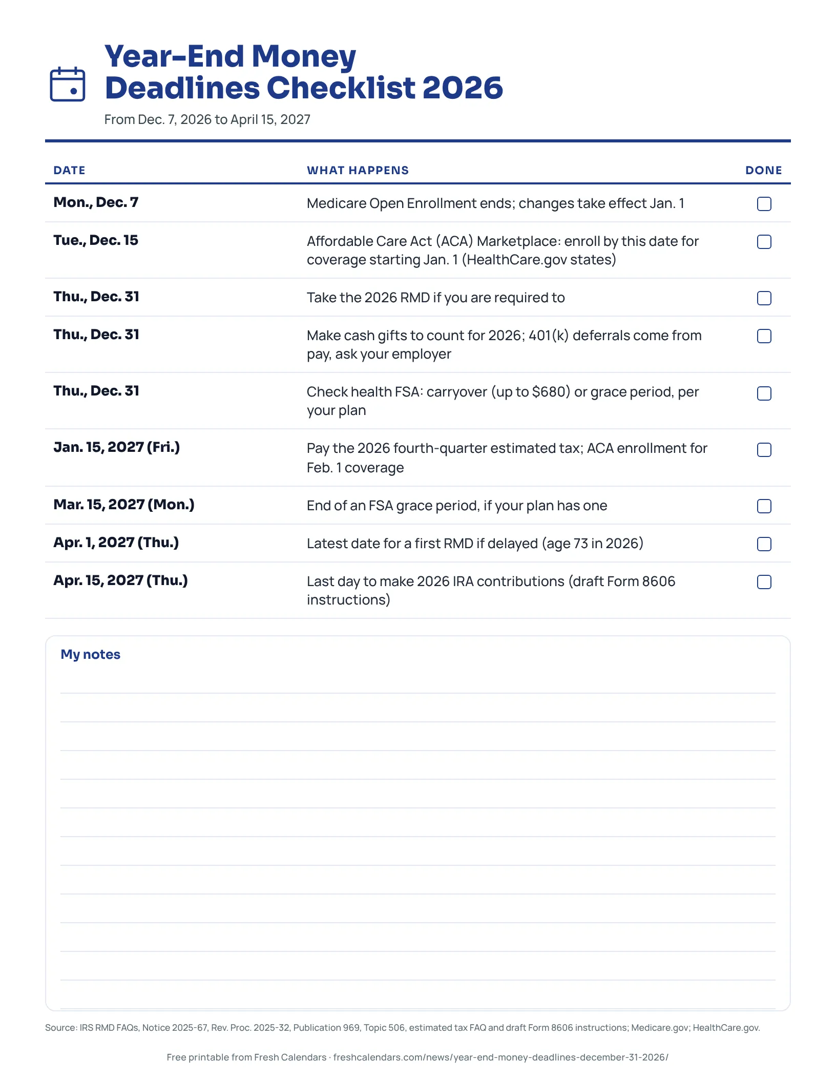 Printable checklist of year-end money deadlines for 2026 with tick boxes