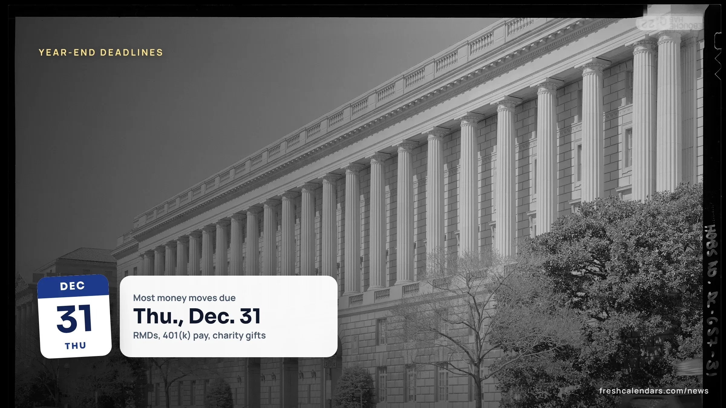 Year-End Money Deadlines 2026: What Must Be Done by December 31 and What Can Wait Internal Revenue Service headquarters building in Washington, D.C., for year end deadlines 2026
