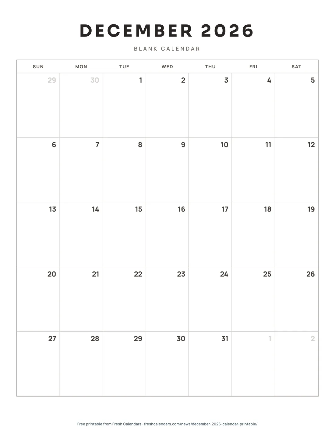 December 2026 blank calendar printable with thin gray grid lines and dates only