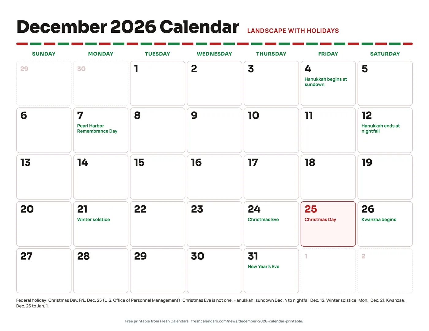 December 2026 calendar landscape printable with large rounded date boxes and holidays marked
