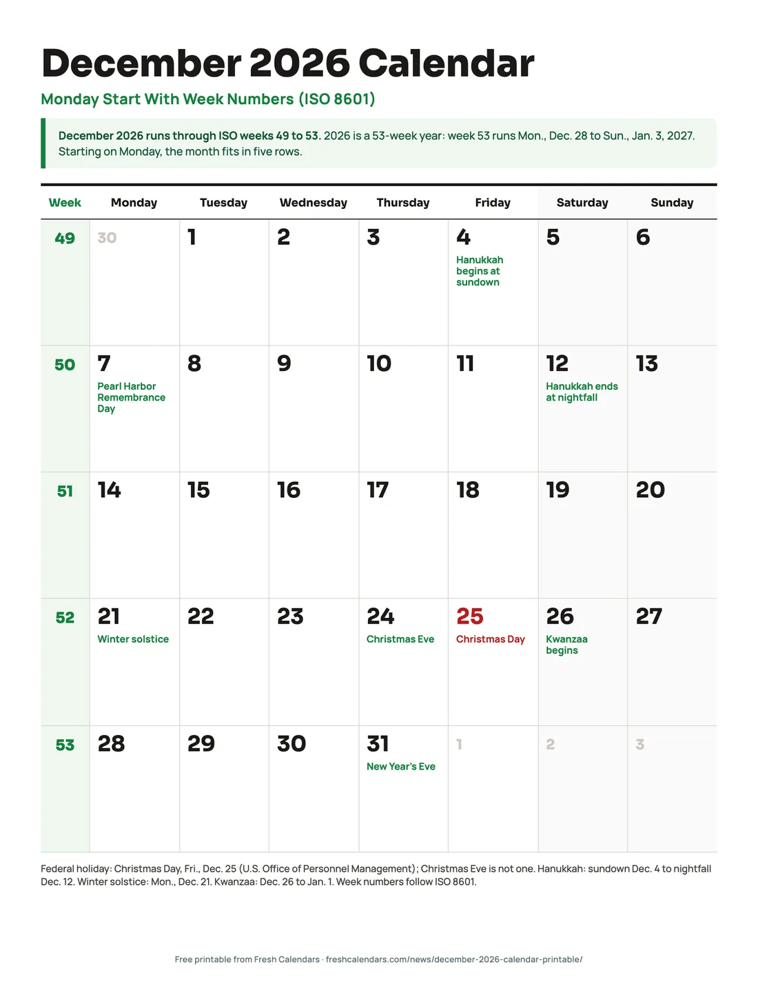 December 2026 calendar Monday start with ISO week numbers 49 to 53 in a green column