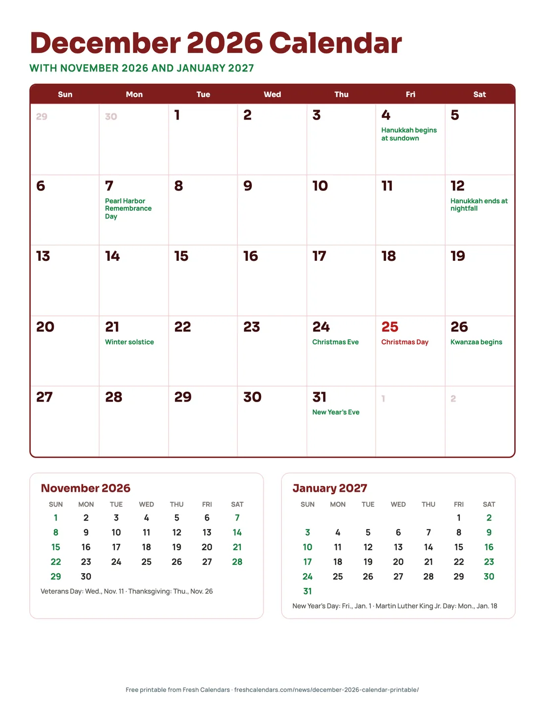 December 2026 calendar with November 2026 and January 2027 three-month printable
