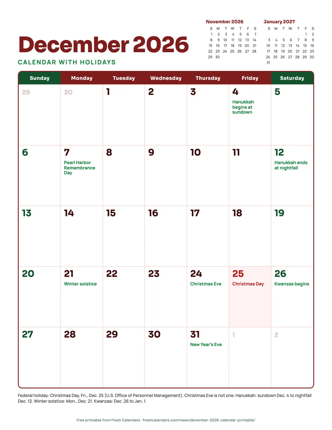 December 2026 calendar printable with holidays, Sunday start, Christmas Day Dec. 25 in red and Hanukkah Dec. 4-12 marked