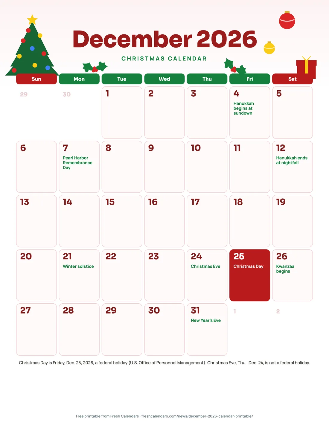 December 2026 Christmas calendar printable with a drawn Christmas tree, holly and ornaments and Dec. 25 in red