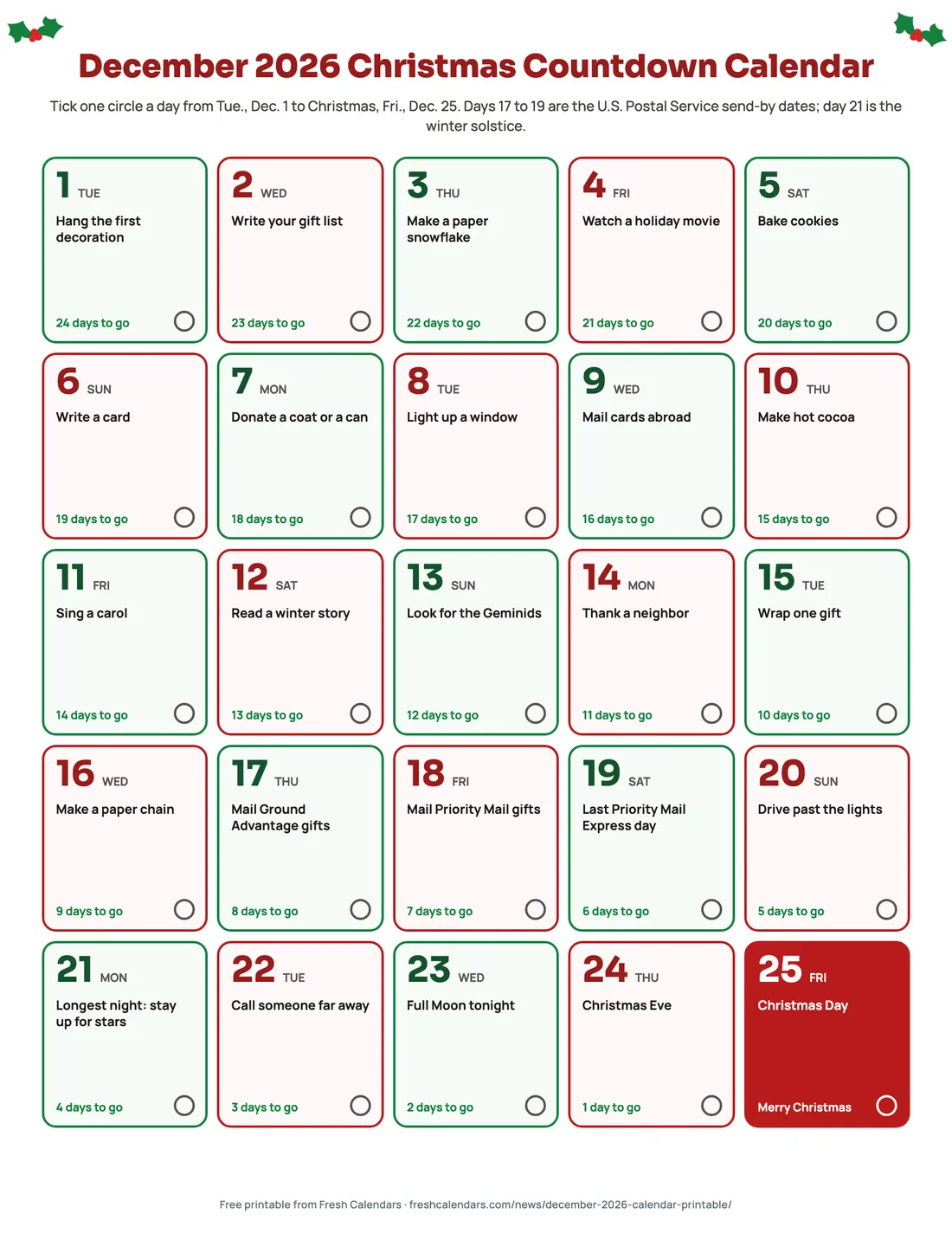 December 2026 Christmas countdown calendar printable with 25 numbered boxes from Dec. 1 to Dec. 25