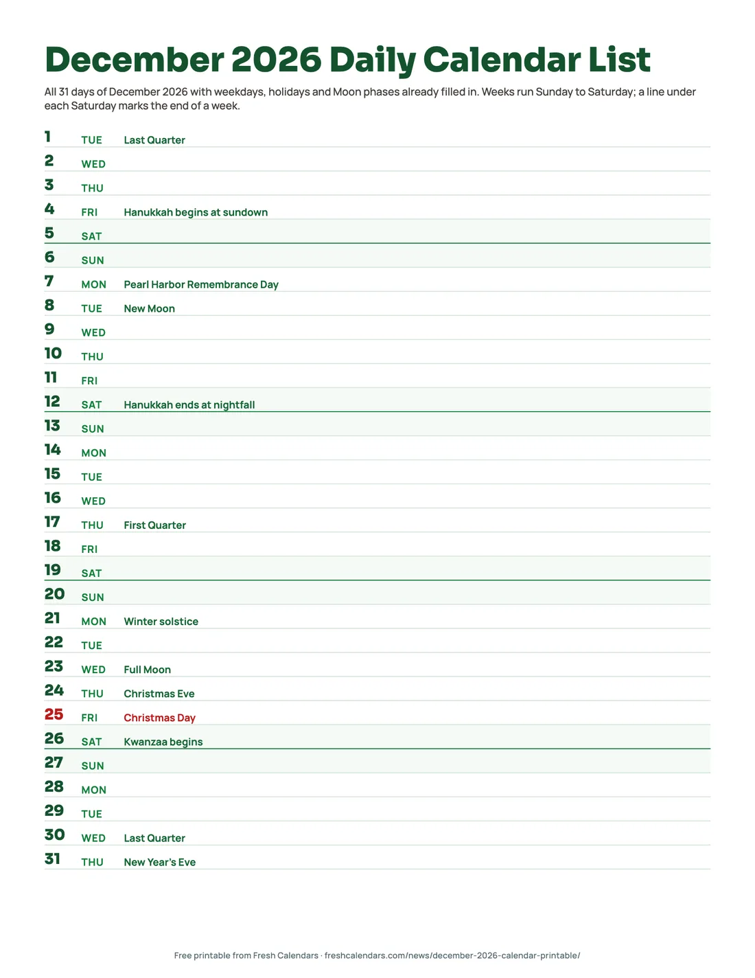 December 2026 daily calendar list printable with one line for each of the 31 days