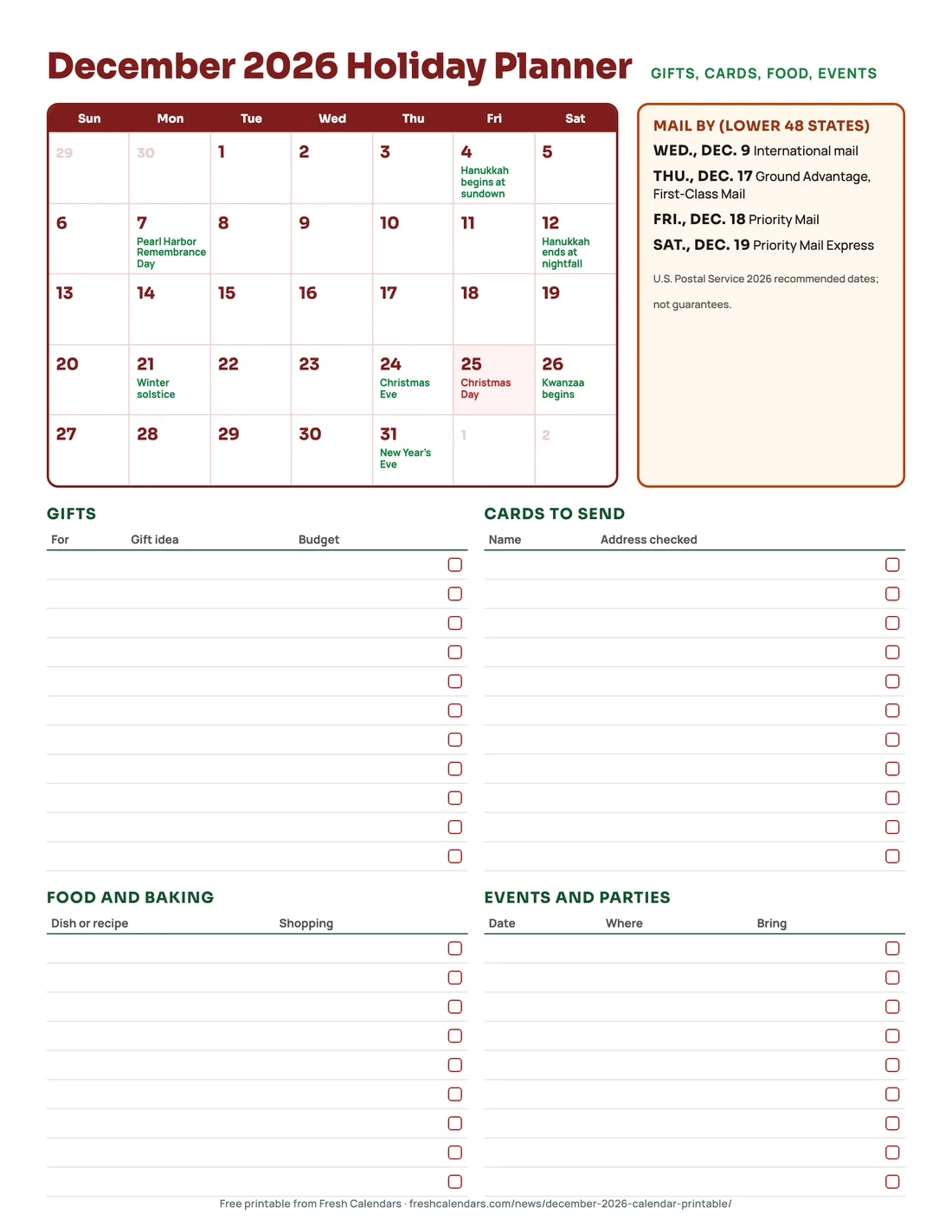December 2026 holiday planner printable with gift list, cards to send, food and events lists and USPS mailing dates