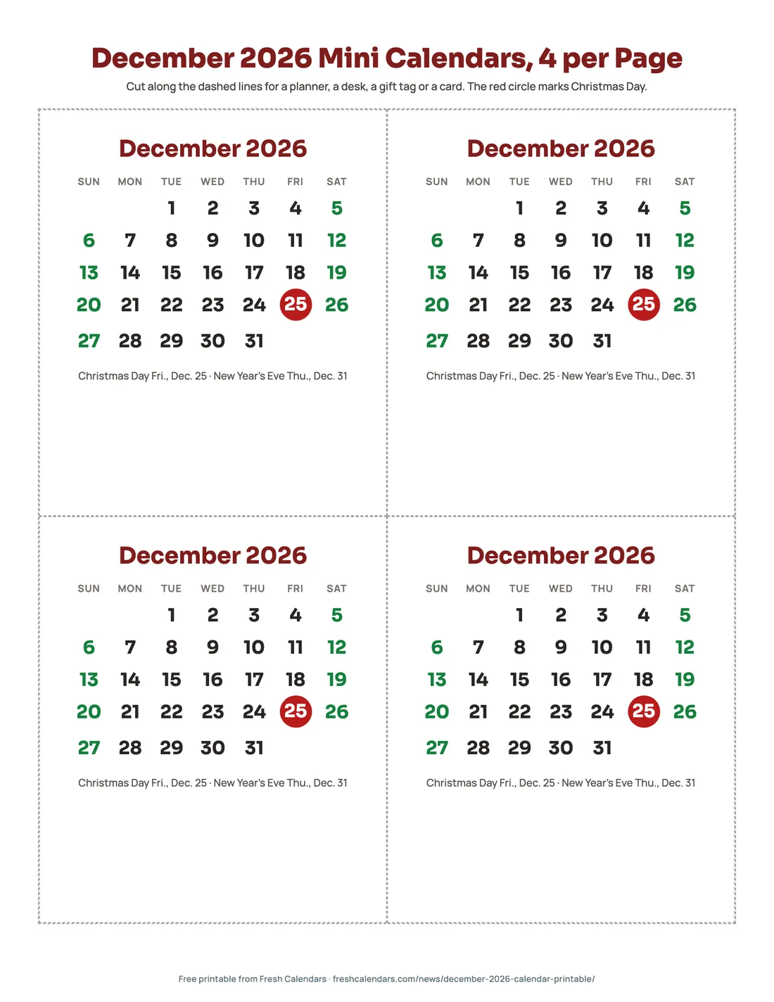 December 2026 mini calendars, four per page, with Christmas Day circled in red