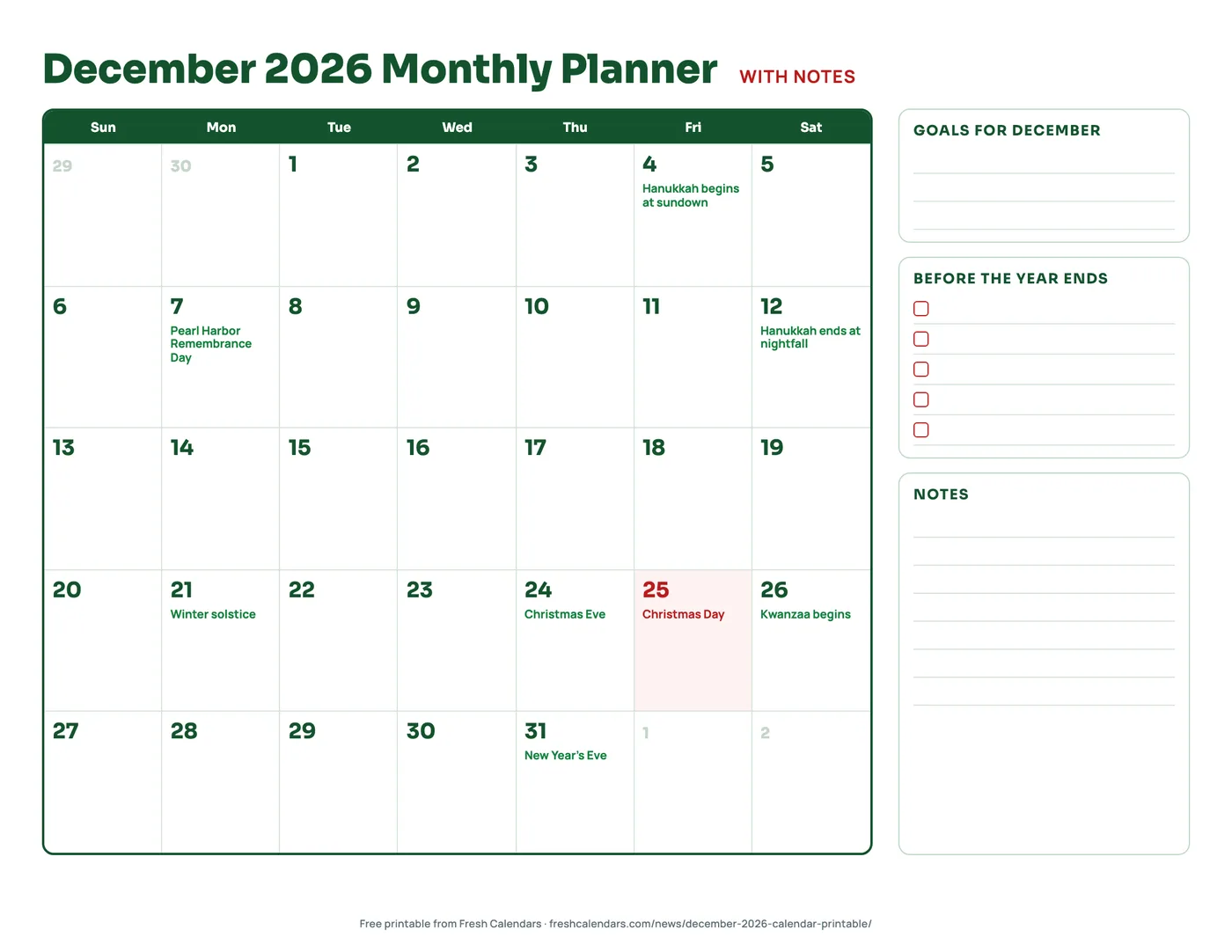 December 2026 monthly planner printable with calendar grid, goals, year-end checkboxes and notes lines