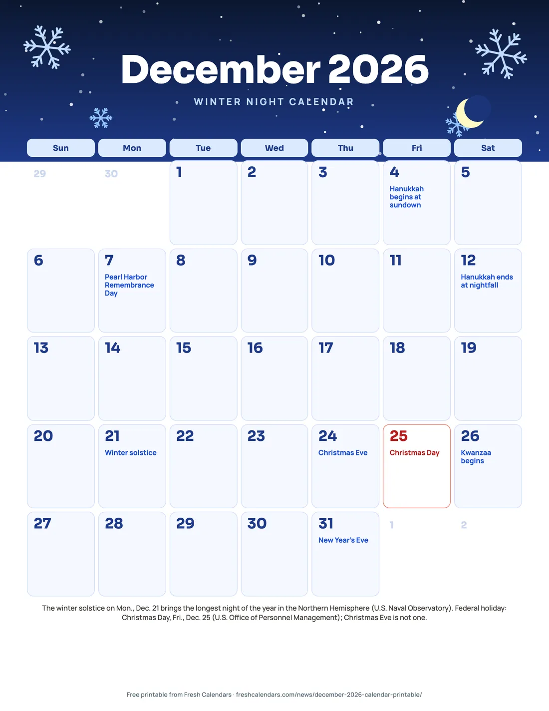 December 2026 winter night calendar printable with a drawn starry sky, snowflakes and a crescent Moon