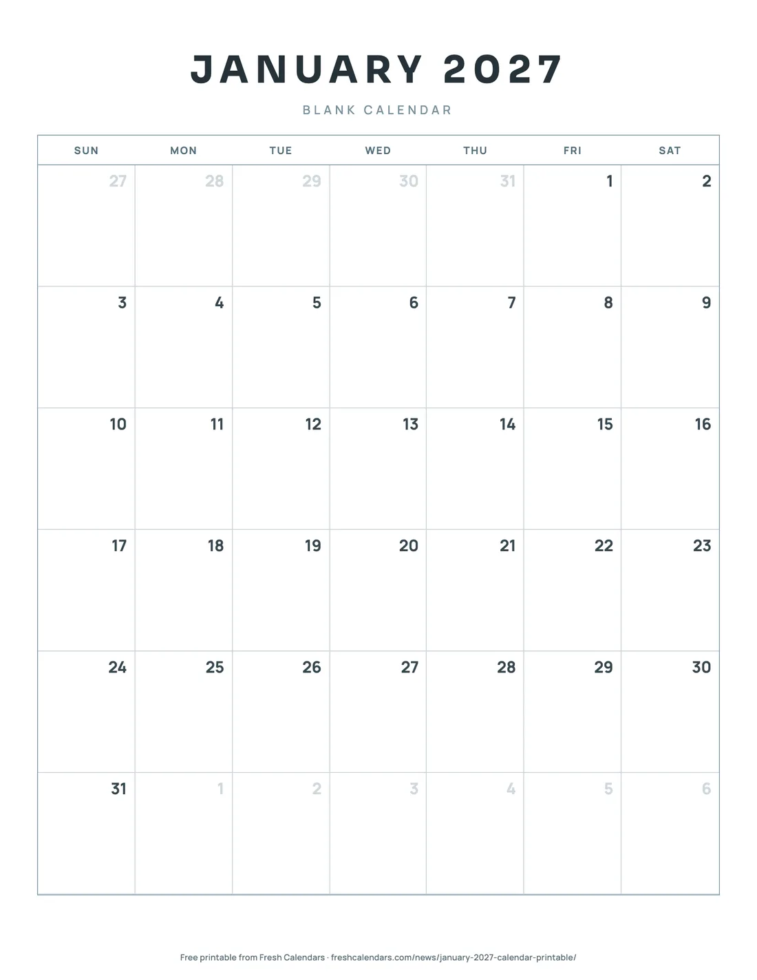 Download January 2027 Blank Calendar (PDF) January 2027 blank calendar printable with thin gray grid lines and dates only
