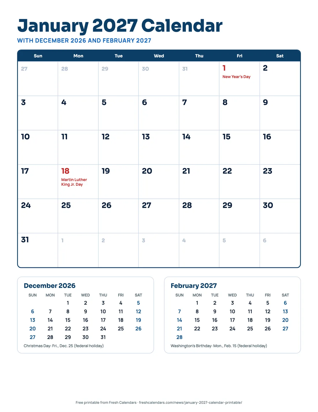 Download January 2027 Calendar With December 2026 and February 2027 (PDF) January 2027 calendar with December 2026 and February 2027 three-month printable