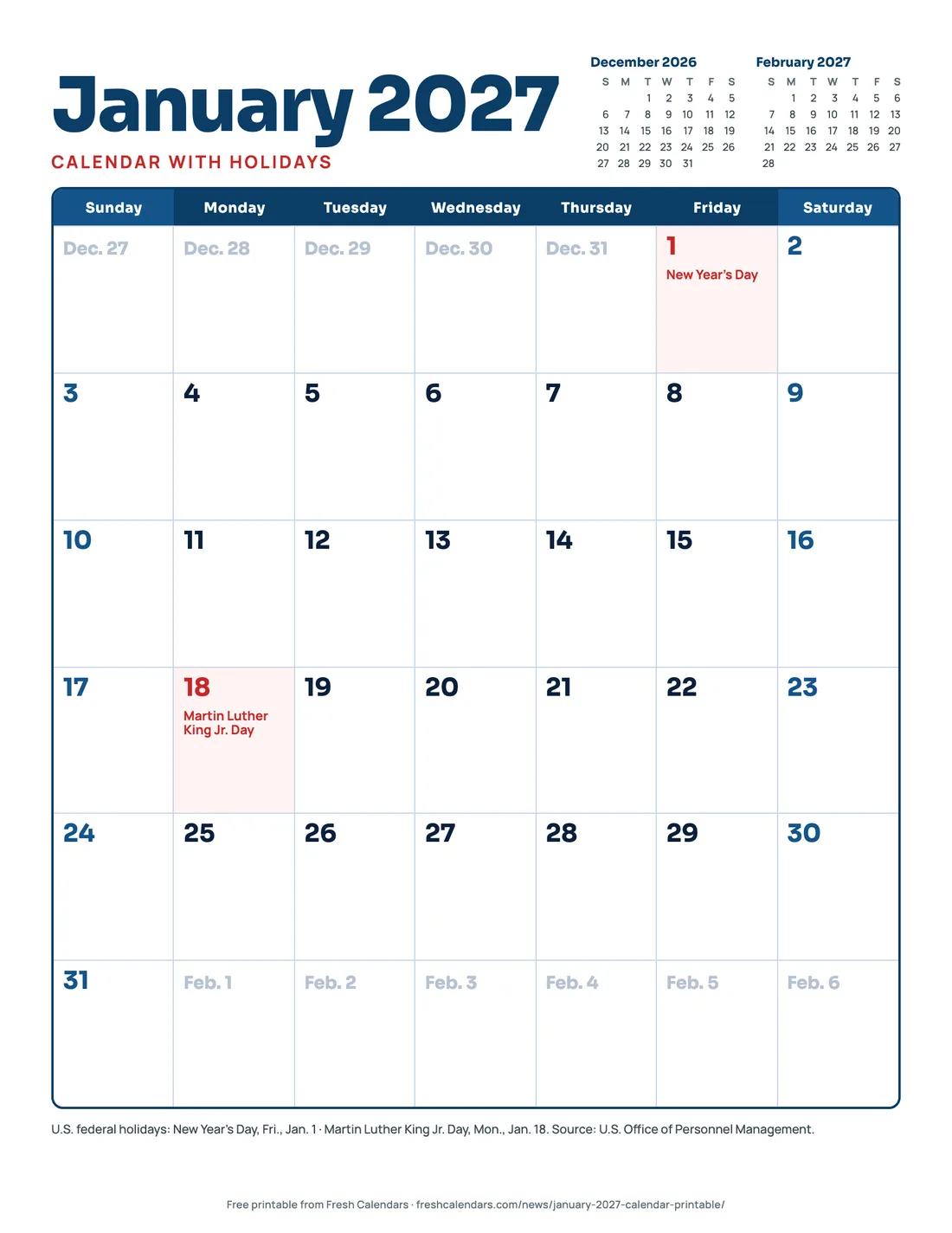 Download January 2027 Calendar With Holidays (PDF) January 2027 calendar printable with holidays, Sunday start, New Year's Day Jan. 1 and Martin Luther King Jr. Day Jan. 18 in red