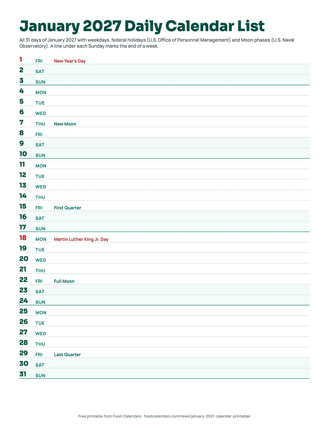 Download January 2027 Daily Calendar List (PDF) January 2027 daily calendar list printable with one line for each of the 31 days