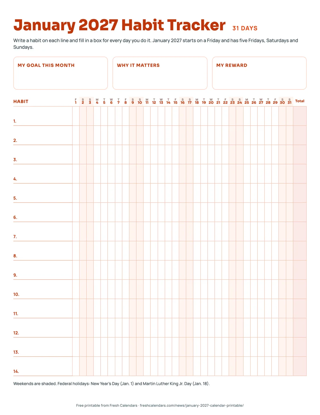 January 2027 habit tracker printable with 14 habit rows and 31 day columns