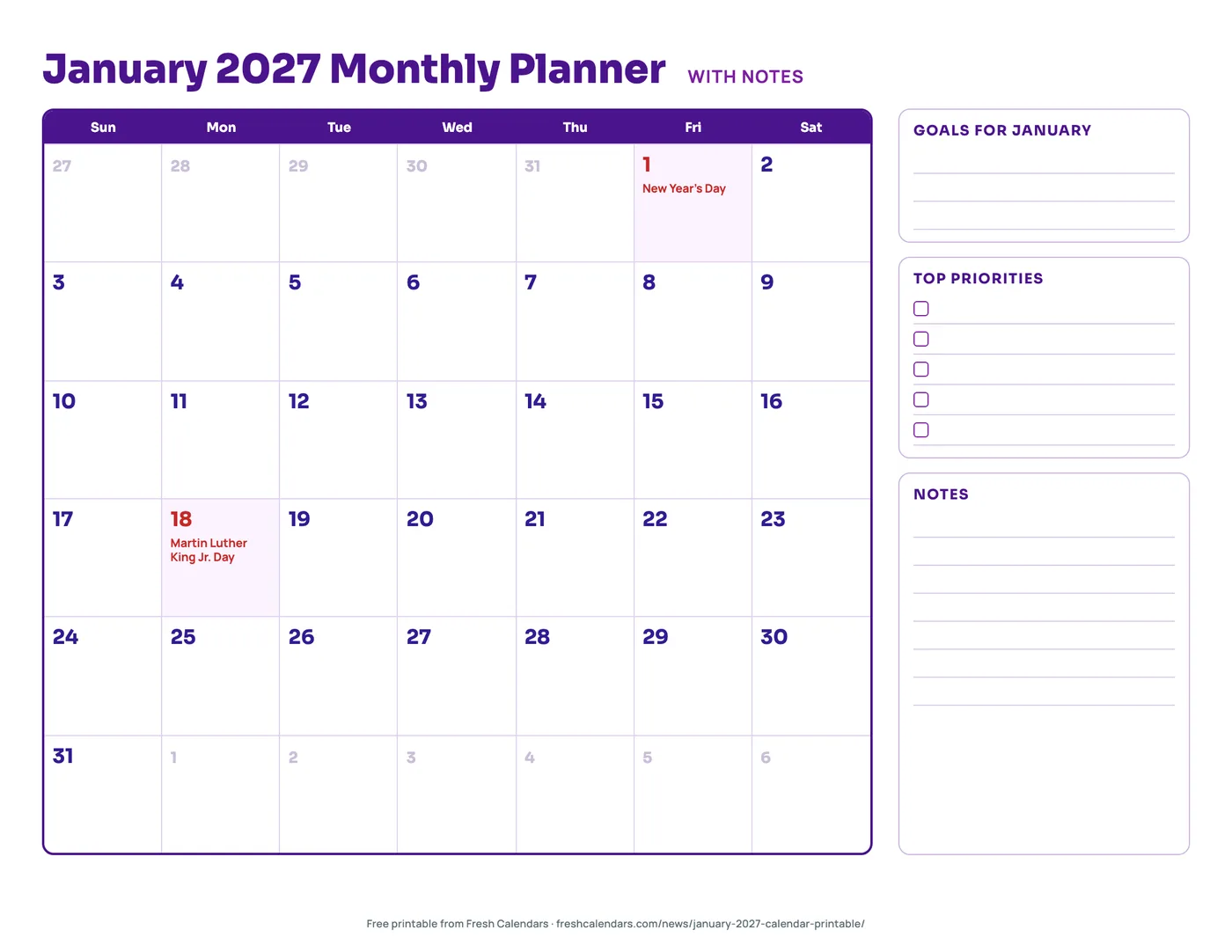Download January 2027 Monthly Planner With Notes (PDF) January 2027 monthly planner printable with calendar grid, goals, top priorities checkboxes and notes lines