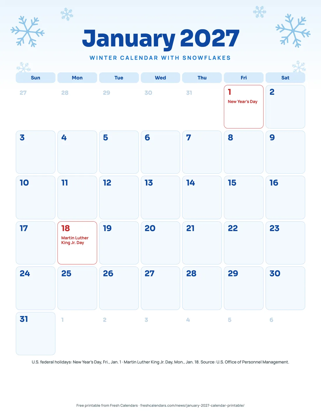 Download January 2027 Winter Calendar With Snowflakes (PDF) January 2027 winter calendar printable with drawn snowflakes and ice-blue date boxes