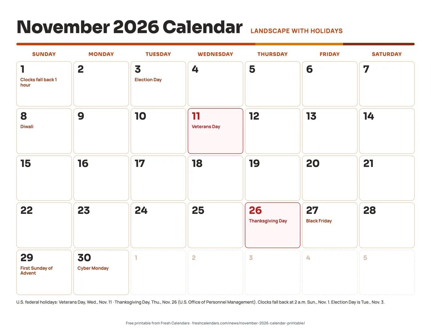 Download November 2026 Calendar, Landscape With Holidays (PDF) November 2026 calendar landscape printable with large rounded date boxes and holidays marked