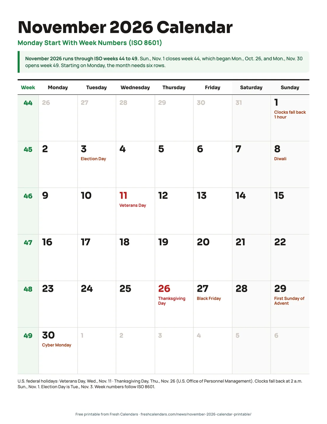 Download November 2026 Calendar, Monday Start With Week Numbers (PDF) November 2026 calendar Monday start with ISO week numbers 44 to 49 in a green column