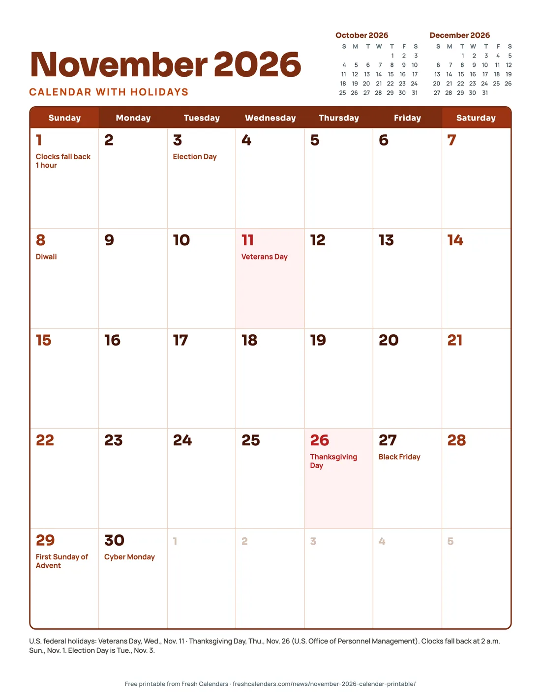 Download November 2026 Calendar With Holidays (PDF) November 2026 calendar printable with holidays, Sunday start, Veterans Day Nov. 11 and Thanksgiving Nov. 26 in red