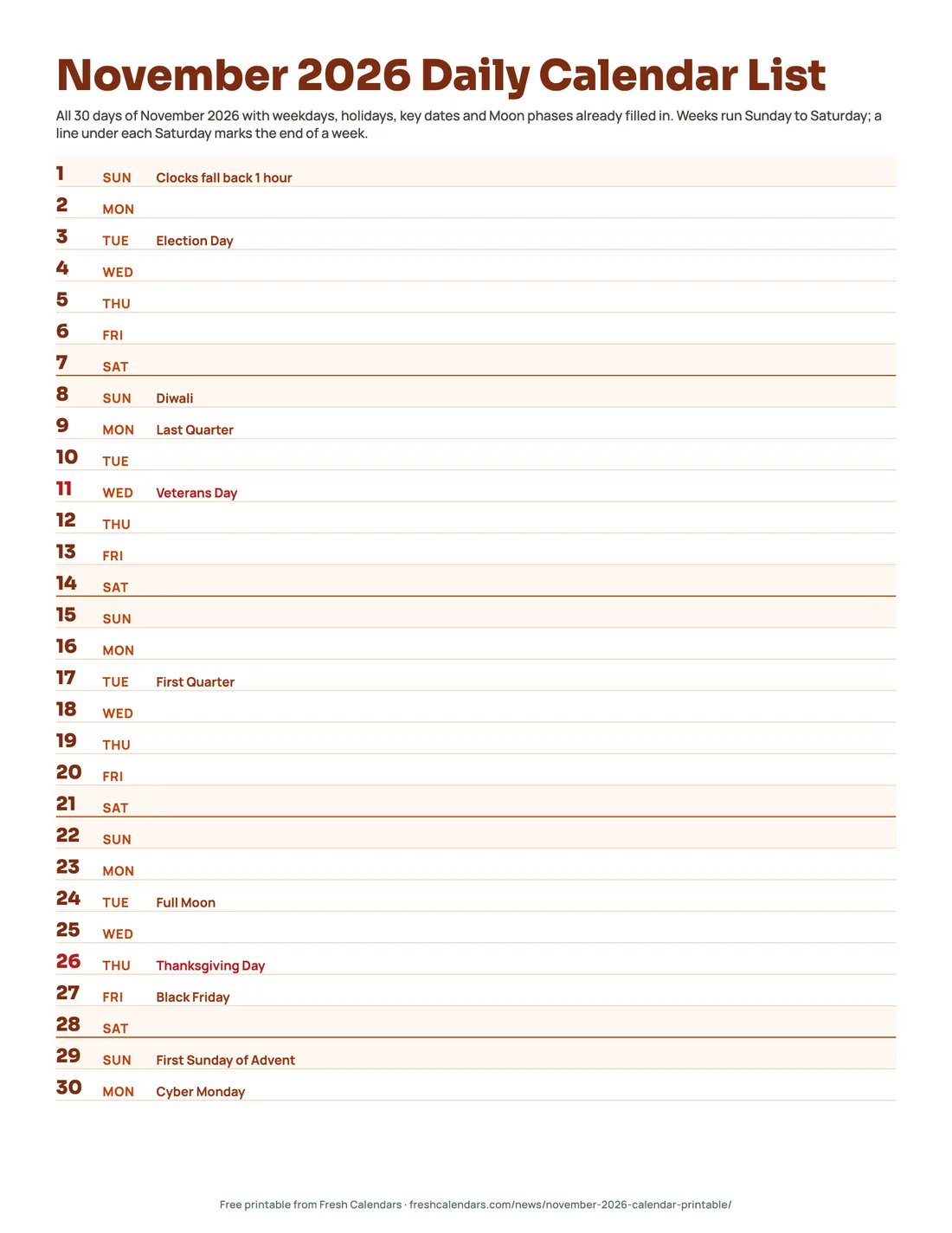 Download November 2026 Daily Calendar List (PDF) November 2026 daily calendar list printable with one line for each of the 30 days