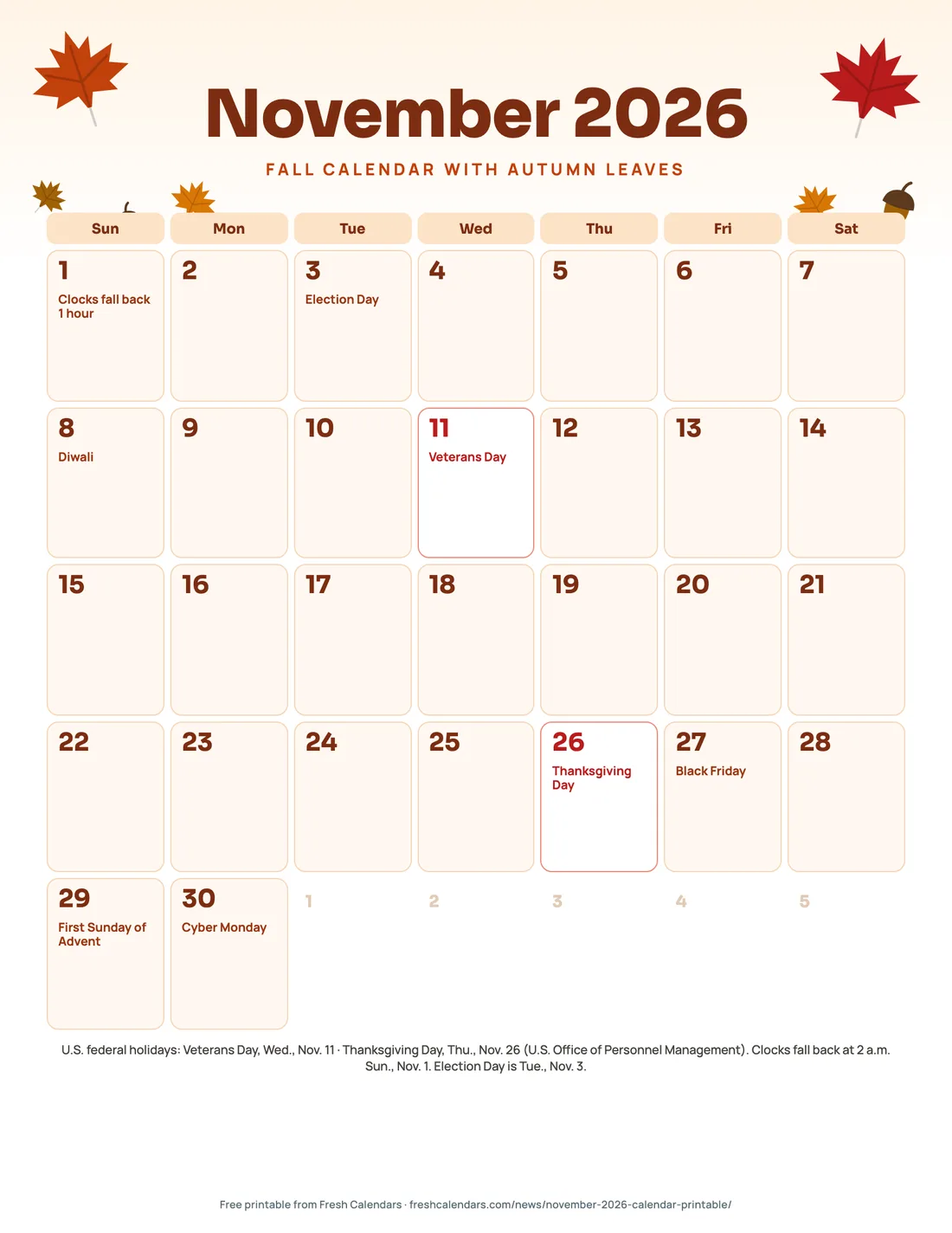 Download November 2026 Fall Calendar With Autumn Leaves (PDF) November 2026 fall calendar printable with drawn autumn maple leaves, acorns and warm orange date boxes