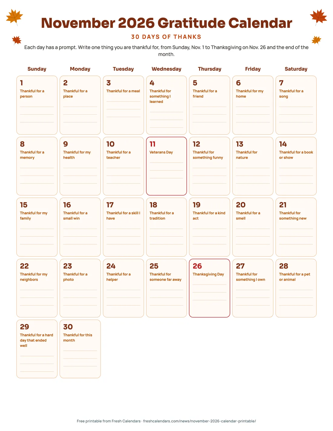 Download November 2026 Gratitude Calendar (PDF) November 2026 gratitude calendar printable with a thankful prompt and writing lines for each of the 30 days