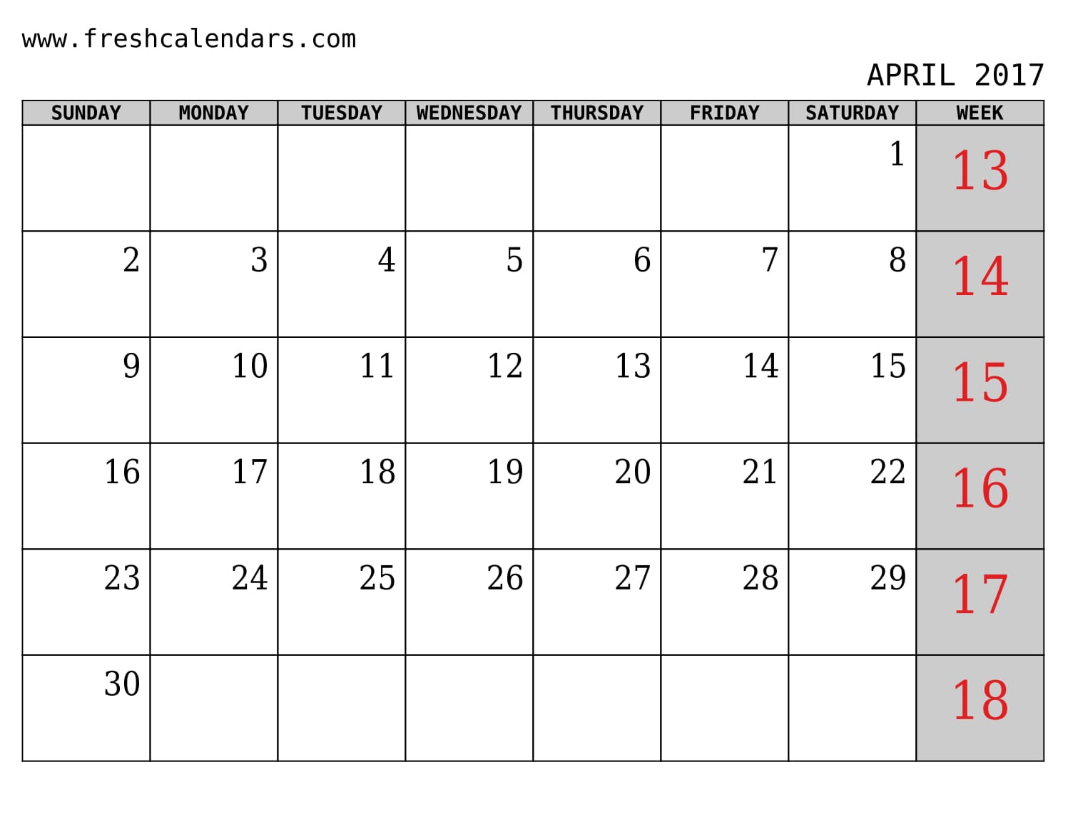 April 2017 Calendar With Week Template Printables