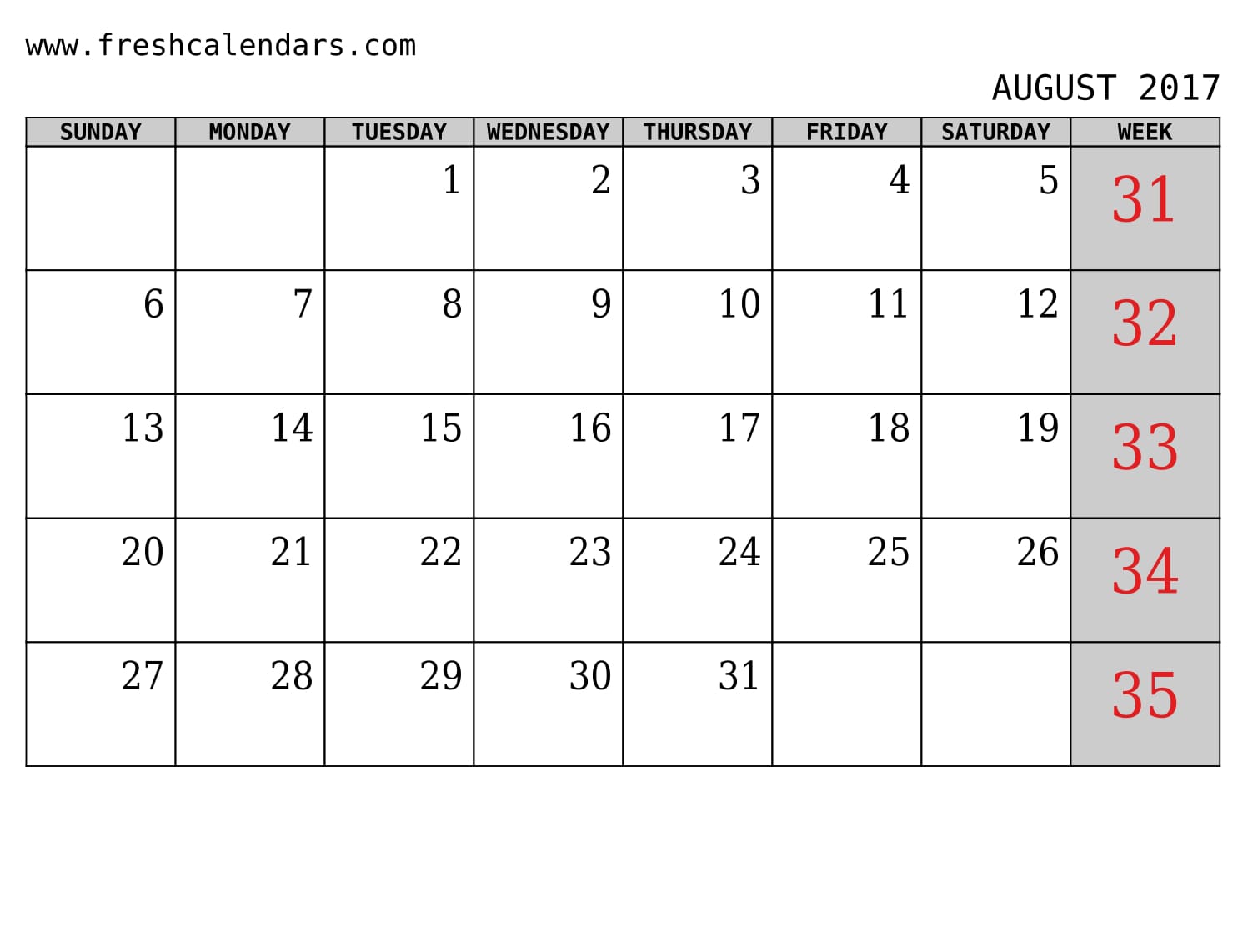August 2017 Calendar With Week Template Printables