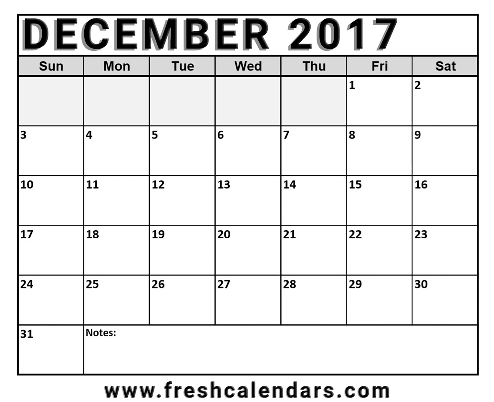 December 2017 Calendar Printable Word Pdf Format With Notes