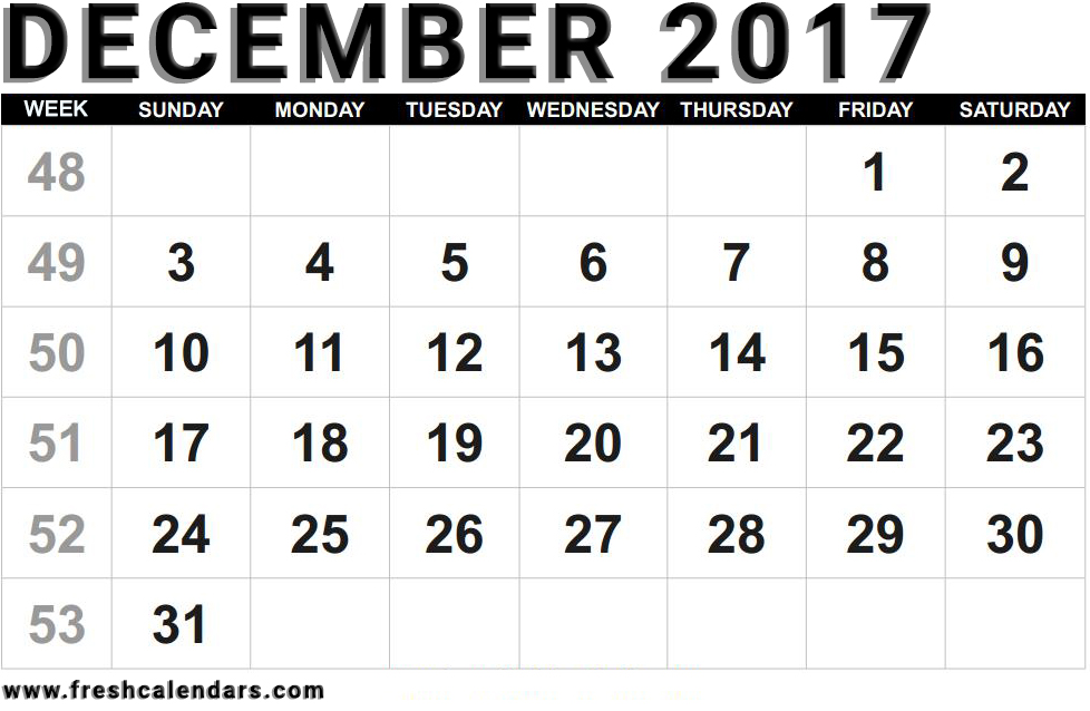 Strong December 2017 Calendar With Week Number