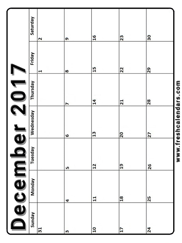 Vertical Free December Printable 2017 Calendar