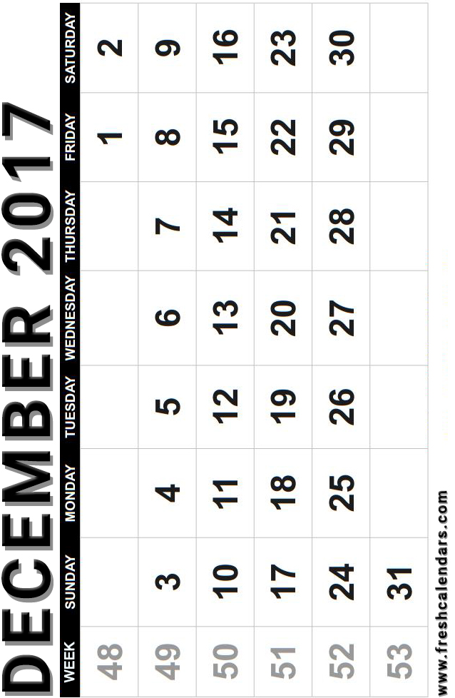 Vertical Strong December 2017 Calendar With Week Number