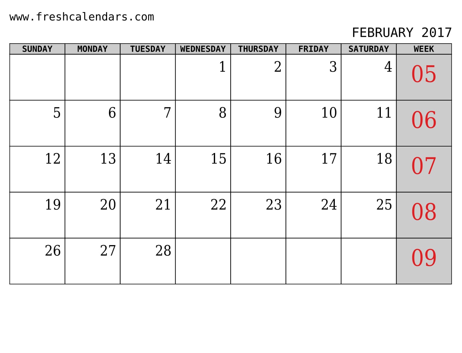 February 2017 Calendar With Week Template Printables