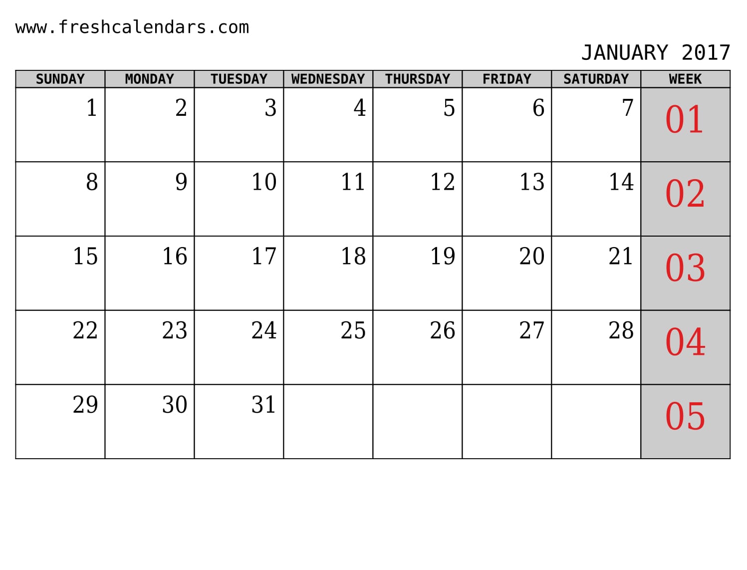 January 2017 Calendar With Week Template Printables