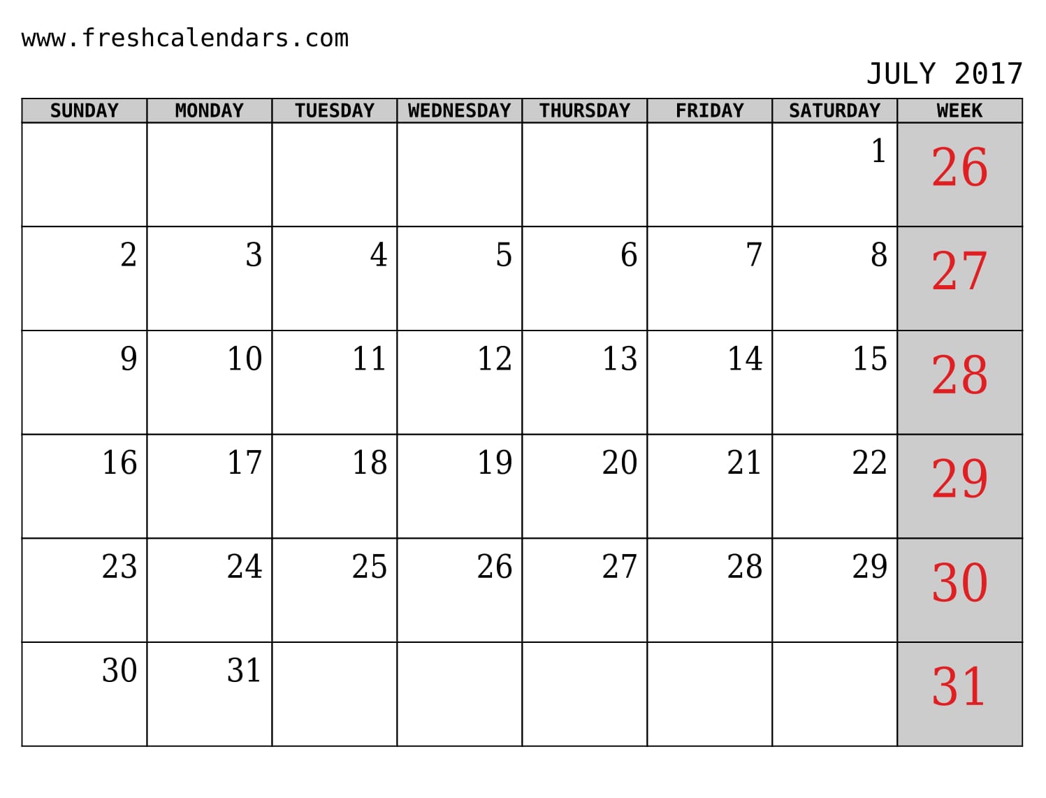 July 2017 Calendar With Week Template Printables
