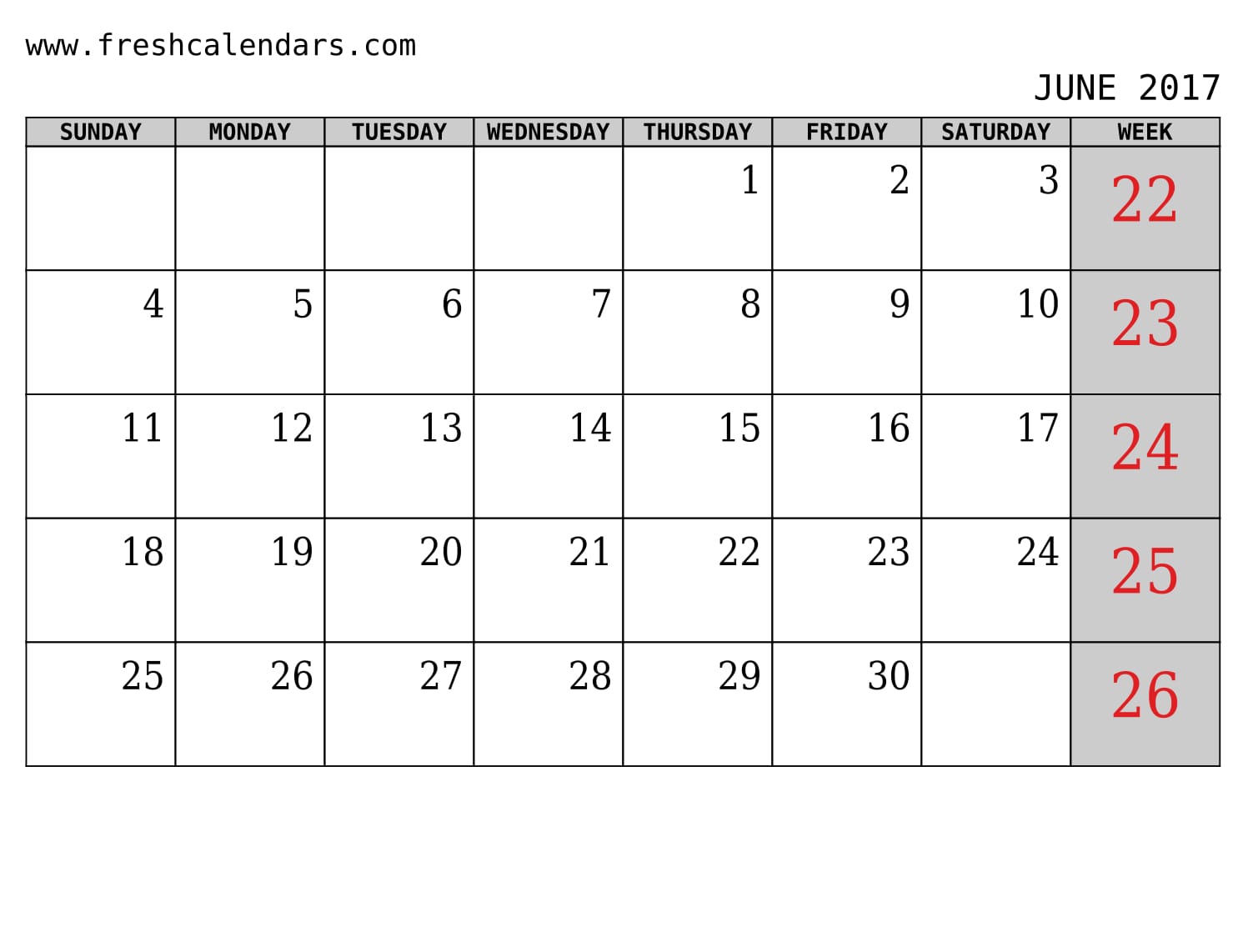 June 2017 Calendar With Week Template Printables