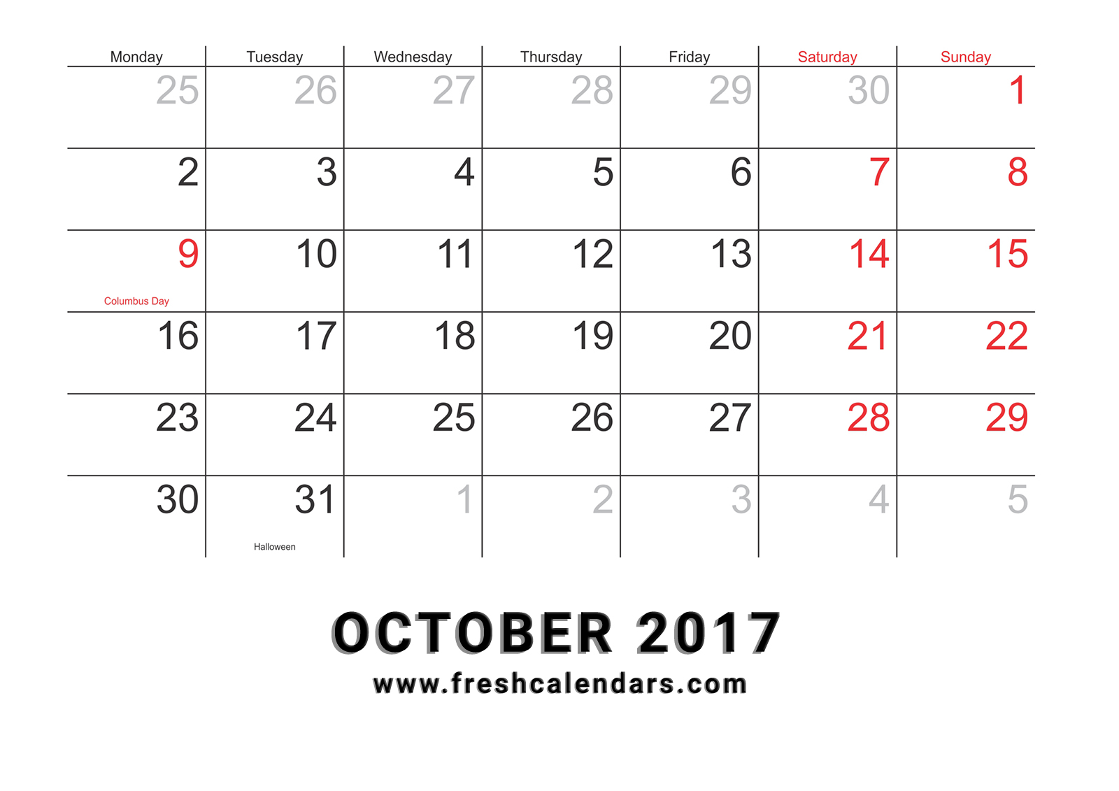 October 2017 Calendar With Holidays