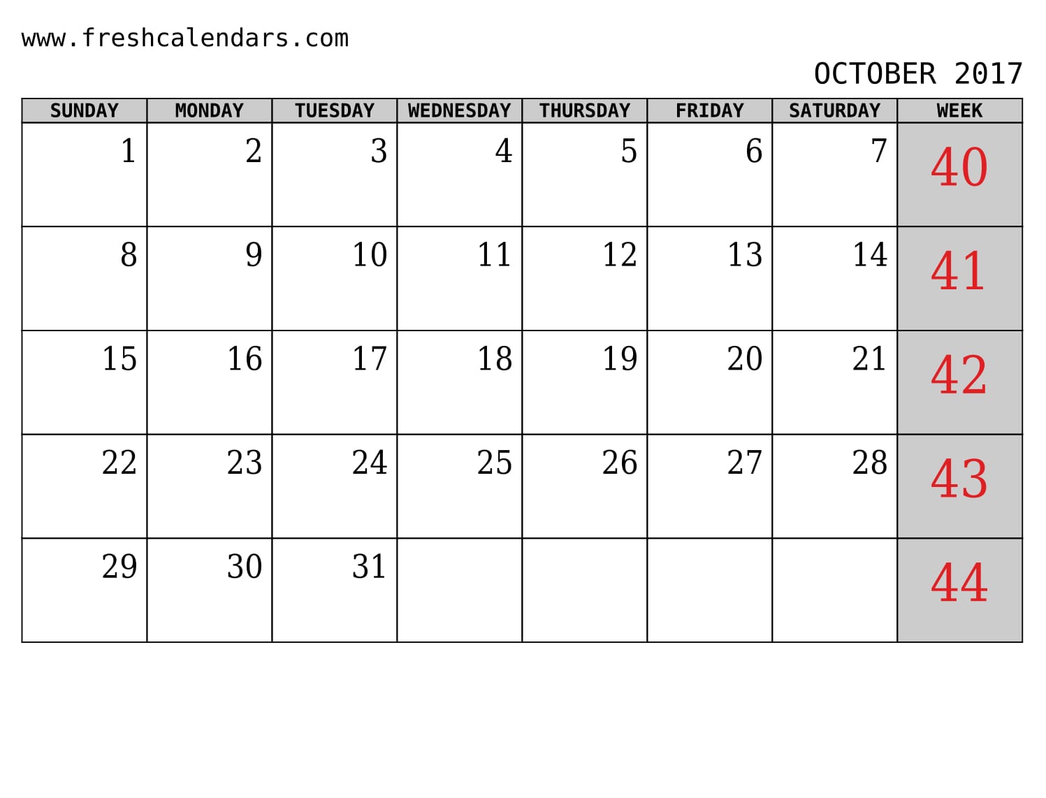 October 2017 Calendar With Week Template Printables