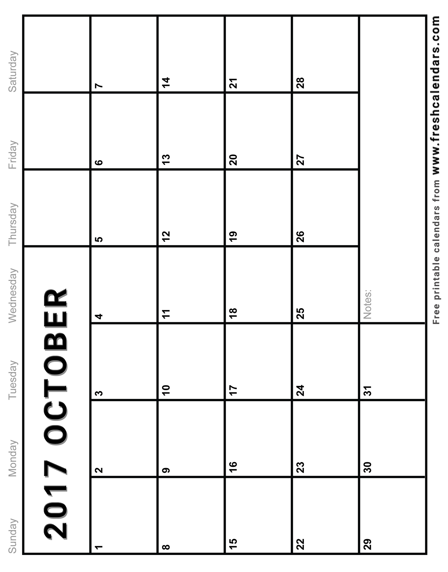 Vertical Blank Free Calendar of October 2017 Printable