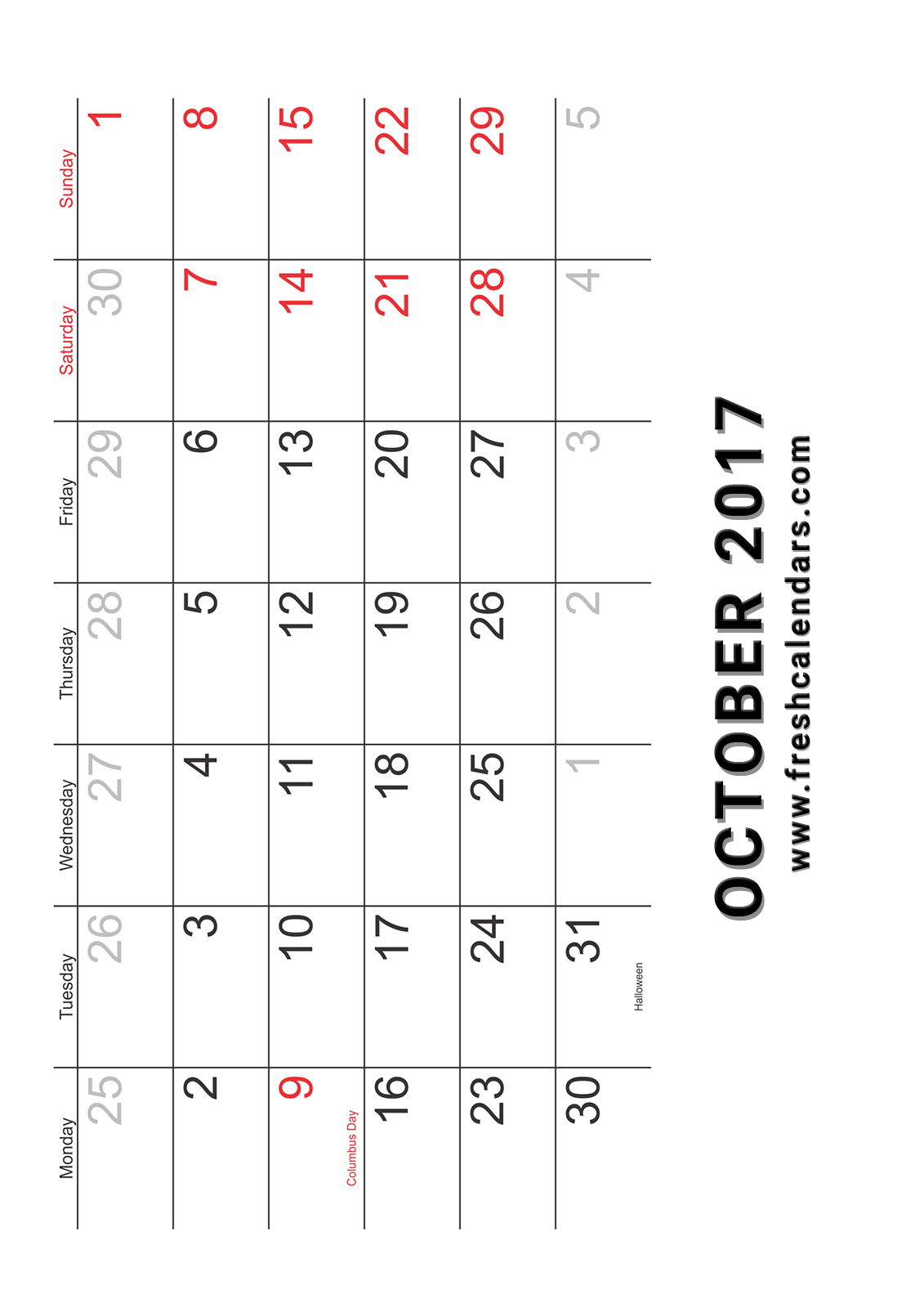 Vertical October 2017 Blank Free Calendar Printable Word Excel Pdf